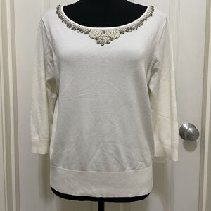 NEW Apostrophe Petite Knit Sweater White Beads Pearls Rhinestone Womens Sz 18 XL